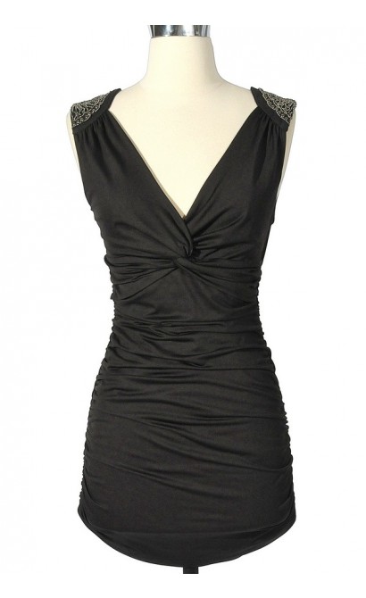 Beaded Shoulder Bodycon Dress in Black